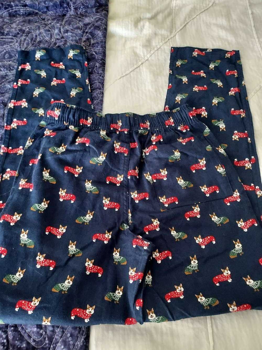 NWT XS J Crew Navy Blue Corgi Print Pajama Pants, Red and Green Xmas Theme - Picture 10 of 11